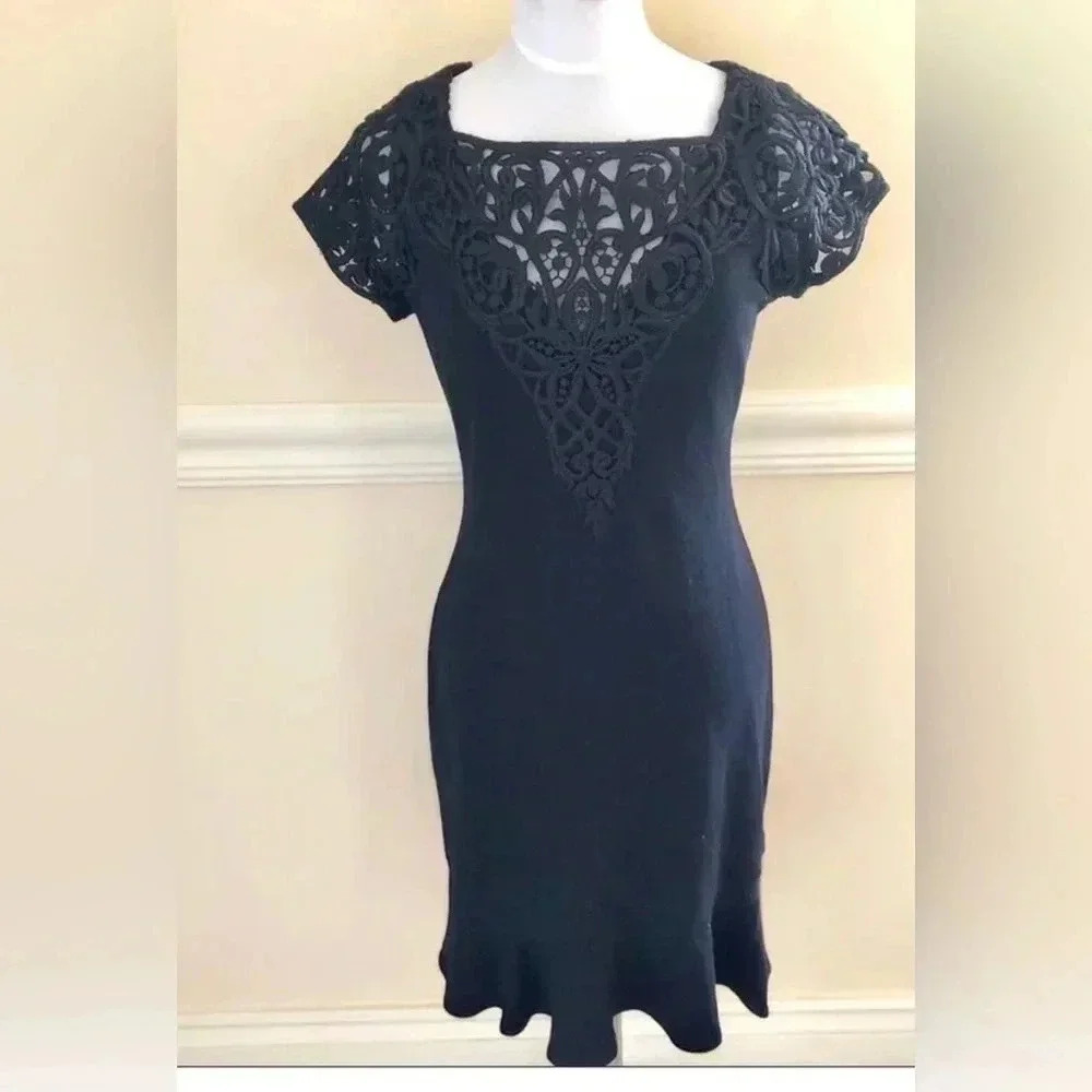 ANTHROPOLOGIE YOANA BARACHI black Lace crochet S/s Cap Sleeve Dress Medium